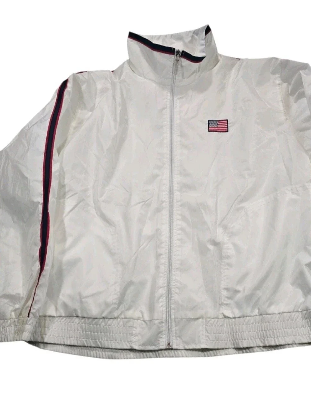 Tommy Hilfiger White Windbreaker with Red & Navy Stripe Accents